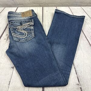 Silver Jeans Womens Sz 29x31(29.5) Pioneer Boot Cut Medium Light Wash Distressed